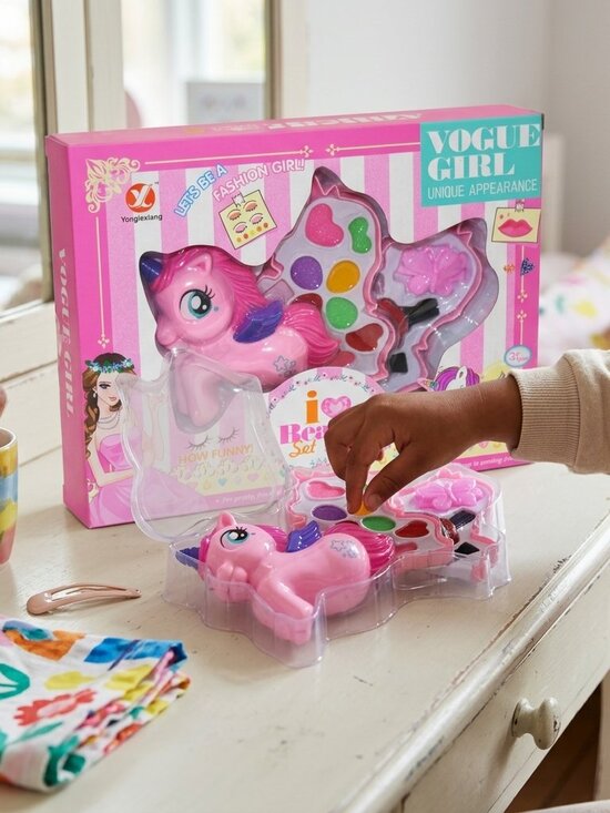 The Unbranded Brand Other - Pink Pony Makeup Play Set for Kids, Pretend Cosmetic Kit with Accessories